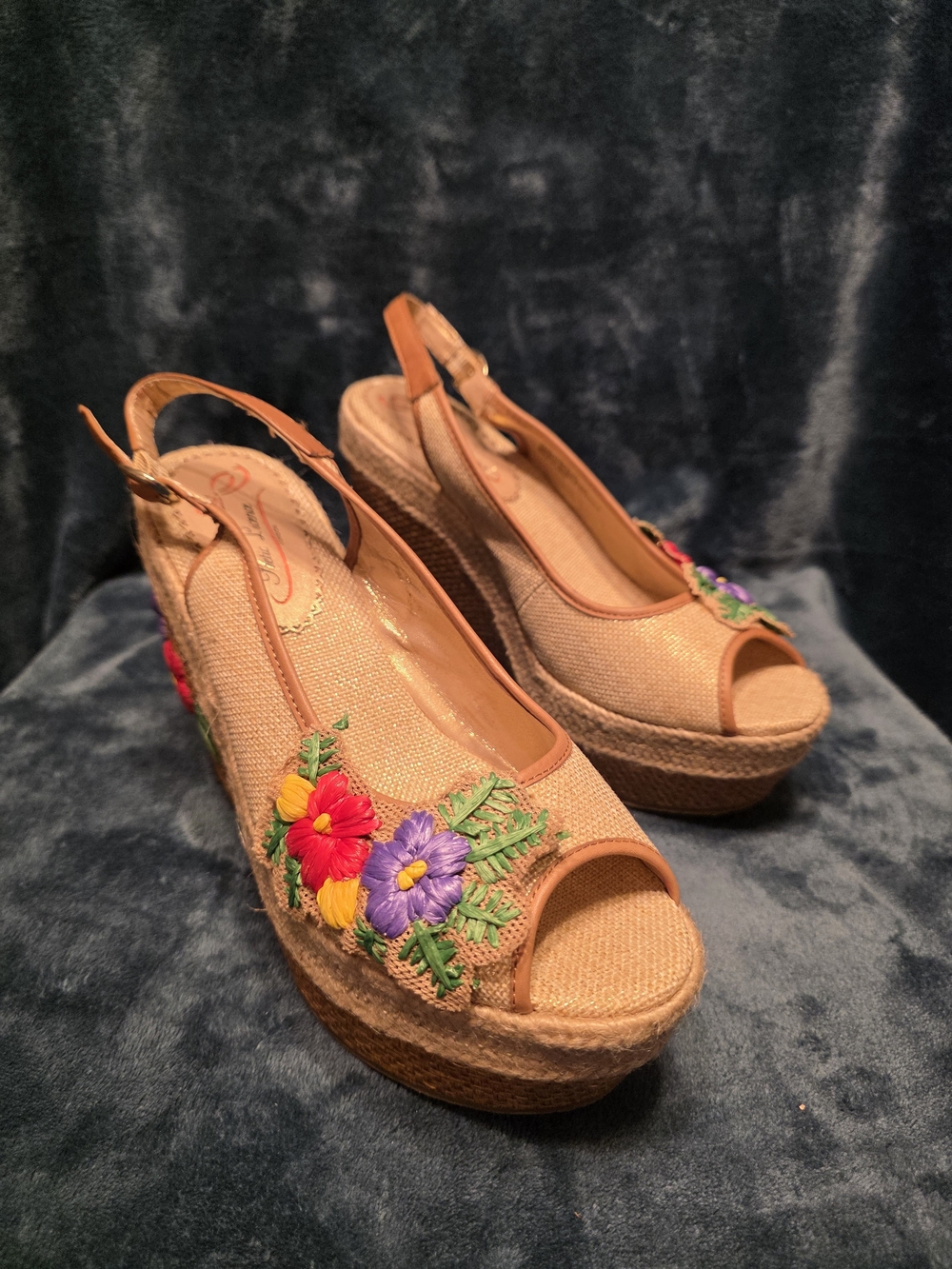 Poetic License Tan Espadrille Wedges with Red Purple Yellow Floral Embroidery